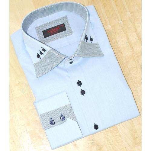Axxess Sky Blue With Black / White Houndstooth Trim on Collar And Cuffs 100% Cotton Dress Shirt